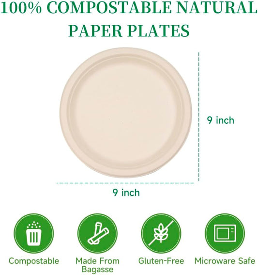 Disposable Paper Plates 9 Inch [Pack of 100], Durable Biodegradable Paper Plates, Eco-Friendly Compostable